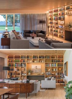 this living room is filled with bookshelves and couches