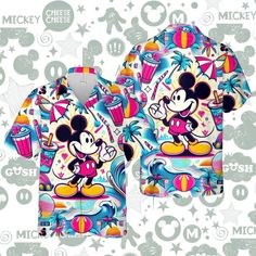 Get ready for summer with these fun and colorful Disney-themed Hawaiian shirts! Perfect for travel, casual outings, or parties, these retro-style shirts feature classic Mickey Mouse and other fun characters. Available in every size, these handmade shirts are machine washable and made of comfortable polyester fabric. #Disney #HawaiianShirt #SummerFun #RetroStyle #EverySize Fun Characters, Classic Mickey Mouse, Shirt With Pocket, Handmade Shirts, Hawaiian Shirts, Disney Cartoons, Text Color, Shirt Color, Hawaiian Shirt