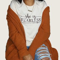 'She is Fearless' T-Shirt Collection is all about embracing that you are #Fearless. This isn’t just a t-shirt, this is a statement within itself. Meaning you are not afraid to be afraid. It's knowing that God is bigger and more powerful than anything we may fear and we cannot let fear hold us back! With God by your side, you can be FEARLESS. It features an extremely soft material and even has great stretch. Product Features: Available in black, white, olive, soft cream Brown Vinyl logo design pr Fall Slogan T-shirt For Everyday Wear, Inspirational Crew Neck T-shirt For Fall, Inspirational Graphic Print T-shirt For Fall, Inspirational Cotton T-shirt For Fall, She Is Fearless, God Is Bigger, Vinyl Logo, Be Fearless, I Was Wrong