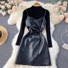 Black Spaghetti Strap Dress For Fall, Spaghetti Strap Mini Dress For Fall Night Out, Fall Mini Dress With Spaghetti Straps For Night Out, Elegant Leather Dresses For Winter, Elegant Leather Winter Dresses, Elegant Winter Leather Dresses, Pu Leather Dress, Leather Dress, Waist Dress