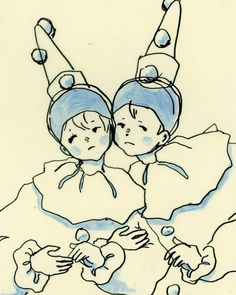 a drawing of two children laying in bed with their heads on each other's shoulders