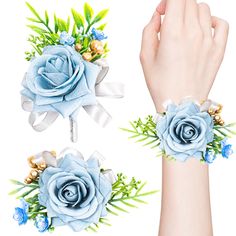 two wrist corsages with blue flowers and pearls on them, one being held by a woman's hand