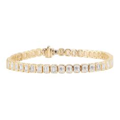 14kt gold emerald cut diamond bezel tennis bracelet *total diamond weight: about 7ct  *4.5mm inside diameter Timeless Emerald Cut Diamond Bracelet With Baguette Diamonds, Timeless Emerald Cut Baguette Diamond Bracelet, Timeless Emerald-cut Baguette Diamond Bracelet, Classic Emerald Cut Diamond Bracelet With Baguette Diamonds, Emerald Cut Tennis Bracelet With Diamond Accents, Classic Emerald Cut Baguette Diamond Tennis Bracelet, Emerald Cut Diamond Accents Tennis Bracelet, Classic Emerald Cut Diamond Bracelet With Accents, Yellow Gold Emerald Cut Tennis Bracelet For Formal Occasions