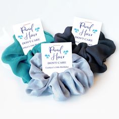 "Throw your hair up and have some fun! Our scrunchie favors are a trendy and unique way to say thank you to your guests! They will love receiving a take home gift that is both stylish and useful. Every time they throw their hair up, they will remember the awesome time they had with their friends.   Each favor includes the following: - (1) Favor Tag - (1) Hair Scrunchie (silky velvet material - standard size, will wrap around hair 2-3 times) :: QUANTITY :: Choose your desired quantity in the 'Pac Swimming Party Favors, Swim Teacher Gifts, Pe Teacher Gifts, Swim Coach Gifts, Swim Team Gifts, Splash Party, Pool Party Favors, Pool Hair, Swimming Party