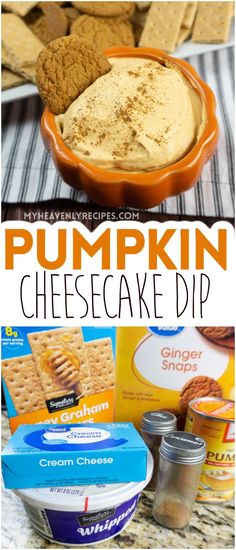 pumpkin cheesecake dip in a bowl with crackers and grahams on the side