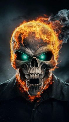 a skull with green eyes and flames on its face is shown in the middle of an image