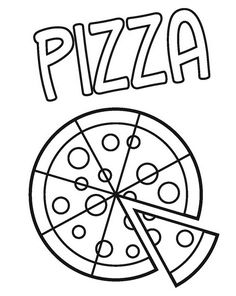 the word pizza written in black and white with a piece of pizza on it's side