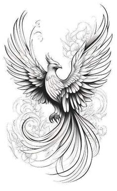 a black and white drawing of a bird with swirls on it's wings