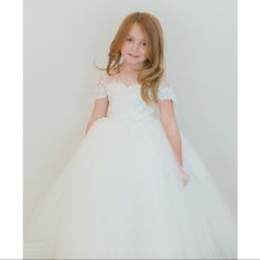 Flower Girl Dress In Ivory White First Communion Dress With Lace Bodice, White Tulle First Communion Dress For Spring, White Short Sleeve First Communion Dress For Spring, Anna Grace, Girls Pageant Dresses, Pageant Dresses, Flower Girl Dress, Flower Girls