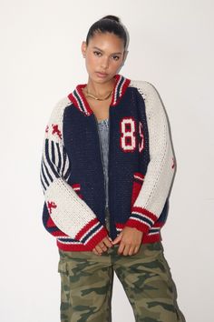 Navy knit zip up cardigan 89 on front and back with knit cherry and star designs Size and Fit: Oversized fit Letterman Sweaters, Carnival Fashion, Fall Knit Sweater, Zip Up Cardigan, Patchwork Cardigan, Loose Fit Sweater, Yellow Swimsuits, Cardigan Long Sleeve