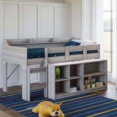 a child's bedroom with a bunk bed and bookcases on the floor