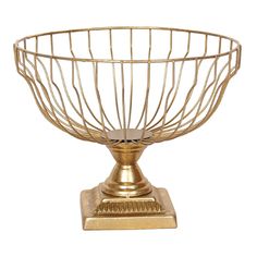 a golden metal bowl on a stand with a white back ground and no one in it