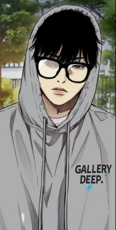 an anime character with glasses and a hoodie