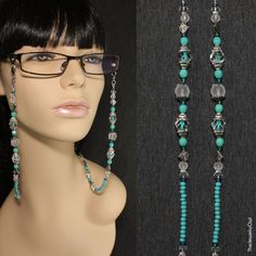 Make a bold fashion statement with this teal blue green beaded eyeglass chain! Classy and sophisticated, great for wearing around the office. Our beaded chains make for a great gift? Rubber loops adjust to fit most glasses frames.   🦉Product Details:  * Approx. Length - 30 in (including rubber loops) * Chain Weight: 1.6 oz * Bead Color(s): Teal Blue Green * Metal Color: Silver-tone * Material: Glass and Czech Beads * Closure: Lobster Claw Clasps and Rubber Loop Ends * Product ID: G238 🎁 Gift packaging available at Checkout ($4.00 USD) - See last image   🦉NOTES: * Not recommended for young children! * The lobster clasps make replacement of the rubber loops easy if they break. * All measurements and weights are approximate and may vary slightly from the listed dimensions. * Some photos ma Trendy Blue Glass Jewelry, Blue Beaded Chain Glasses Chains With Round Beads, Blue Beaded Glass Glasses Chains, Blue Beaded Glasses Chains, Blue Glasses Chains With Round Beaded Chain, Blue Glass Glasses Chains With Colorful Beads, Turquoise Beaded Glass Jewelry, Trendy Blue Glass Necklace, Trendy Turquoise Beaded Necklaces