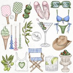 watercolor illustration of beach items including sunglasses, umbrellas and other things to wear