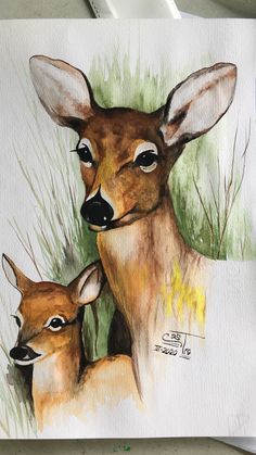 a painting of two deers in the grass