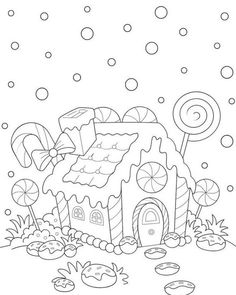 a house with candy and candies in the snow coloring pages for kids, printable