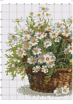 a cross stitch pattern with daisies in a basket