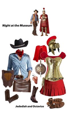 several different costumes and accessories are arranged on a white background with text that reads night at the museum