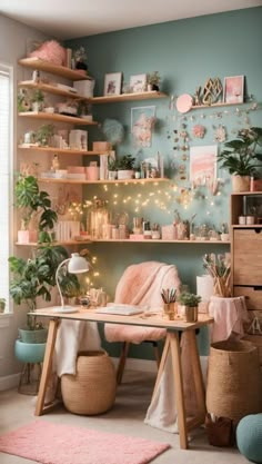 a room filled with lots of furniture and plants on top of wooden shelves next to a window