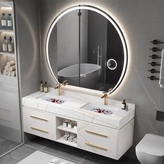 a bathroom with a round mirror above the sink and two sinks in front of it