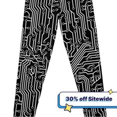 Super stretchy and durable polyester full-length leggings. Vibrant high-quality sublimation print across the front and back. Size range XXS-XL. Express your inner geek with some clothing, accessories or room decor featuring this stylish circuit board pattern. The design features a minimalist white circuitry pattern on a black background. Stretch Black Bottoms With All Over Print, Black Stretch Bottoms With All Over Print, Fitted Black Printed Pants, Black Stretch Printed Pants, Circuit Boards Art, Circuit Boards Aesthetic, Circuit Board Clothes, Circuit Board Pattern, Computer Circuit Boards