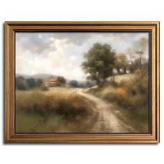 an oil painting of a dirt road leading to a house in the distance with trees on either side