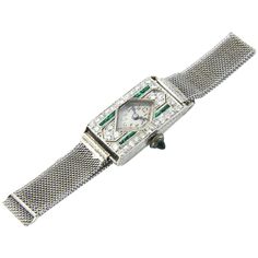 Antique Art Deco Glycine Watch featuring a platinum case with a diamond shaped face and channel set emeralds and prong set diamonds on a platinum mesh band. Glycine Swiss movement. Measurement below is the case with out stem. Diamond Shaped Face, Glycine Watch, Art Deco Watch, Diamond Face Shape, Stylish Watches, Fabulous Jewelry, Channel Set, Diamond Shaped, Antique Art Deco