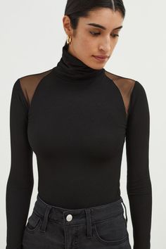 Black Turtleneck Mesh Shoulder Panel - Maria Top | Marcella Unique Bodysuit, Base Clothing, Jersey Turtleneck, Retro Clothing, Turtleneck Top, High Neck Long Sleeve, Black Turtleneck, Long Sleeve Jumpsuit, Winter Clothing