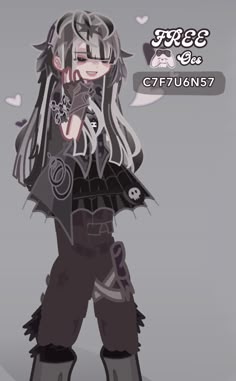 an anime character with long hair and black boots, standing in front of a gray background