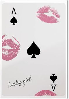 four playing cards with lipstick on them and the words lucky girl written across each card