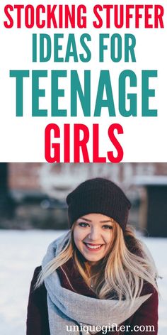 a girl in the snow with text overlay saying stocking stuff ideas for teenage girls