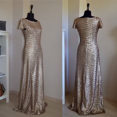 two pictures of a dress on display in front of a bookshelf and bookcase