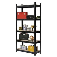 four tier shelving unit with various items on it