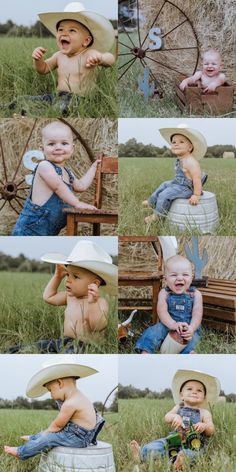 a collage of photos with babies in cowboy hats