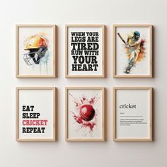 four framed pictures with different sports related items on them, each featuring a baseball player's helmet and the words cricket