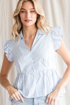 The Plum Top is a striped print top with an open collared neck and ruffled cap sleeves. Striped Short Sleeve Blouse For Spring, Summer Collared Top With Vertical Stripes, Summer Vertical Stripes Collared Top, Summer Collared Tops With Vertical Stripes, Spring Short Sleeve Blouse With Vertical Stripes, Spring Striped Tops With Collared Neckline, Summer Cotton Blouse With Striped Sleeves, Spring Blouse With Vertical Stripes And Short Sleeves, Pinstripe Short Sleeve Summer Tops