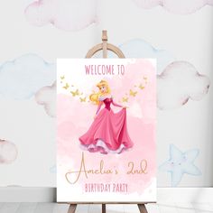 a pink princess birthday party welcome sign with a blonde haired girl in a red dress