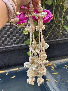 a person holding some kind of beaded chandelier with flowers in the background