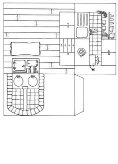 an overhead view of a kitchen and living room in a small house, with the floor plan