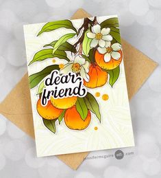 a card with some fruit on it and the words dear friends written in black ink