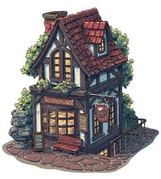 a drawing of a small house with a lot of windows and lots of stuff on the roof