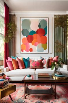 a living room filled with lots of furniture and colorful paintings on the wall above it