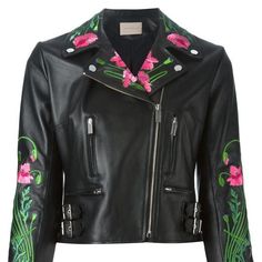 Black Motorcycle Jacket, Black Biker Jacket, Floral Print Jacket, Black Moto Jacket, Straight Jacket, Embellished Jacket