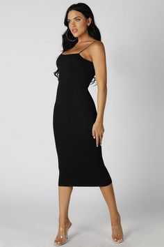 Bodycon Slip Dress With Straight Neckline For Date Night, Seamless Midi Dress For Night Out, Night Out Midi Dress With Spaghetti Straps, Spaghetti Straps Midi Dress For Night Out, Chic Seamless Midi Dress For Night Out, Casual Seamless Bodycon Dress With Spaghetti Straps, Fitted Ribbed Midi Dress With Square Neck, Ribbed Party Dress With Spaghetti Straps, Sleek Ribbed Bodycon Dress For Night Out