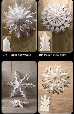 paper snowflakes are shown in four different stages