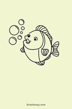 The image shows a simple, cartoon-style drawing of a smiling fish blowing bubbles, with rounded fins and a playful expression. Drawings For Kids, Drawing Ideas For Beginners