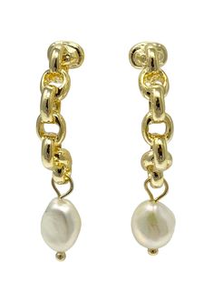 As they curve around the earlobe, these charming earrings dangle from a delicate and elegant 18k gold plated chain, the 1/" drop shows off a baroque freshwater pearl to make these earrings the perfect choice for day or evening. Size is 4" x 3.15" Earrings In Gold, Gold Plated Chains, Chain Earrings, Earrings Dangle, Summer Essentials, Handbag Accessories, Freshwater Pearls, 18k Gold, Gold Tones