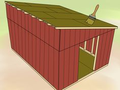 a red shed with a broom sticking out of the roof and side windows on it