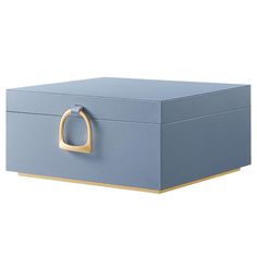 a blue box with a gold handle on it